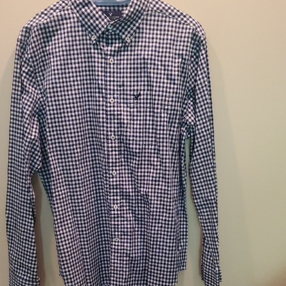 NWT American Eagle Black and White Casual Button Down Shirt Cotton Size Large